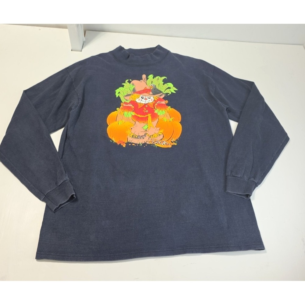 Vintage Halloween Cal‎ Cru Shirt Large 90s Mock Neck Scare Crow Pumpkin Autumn